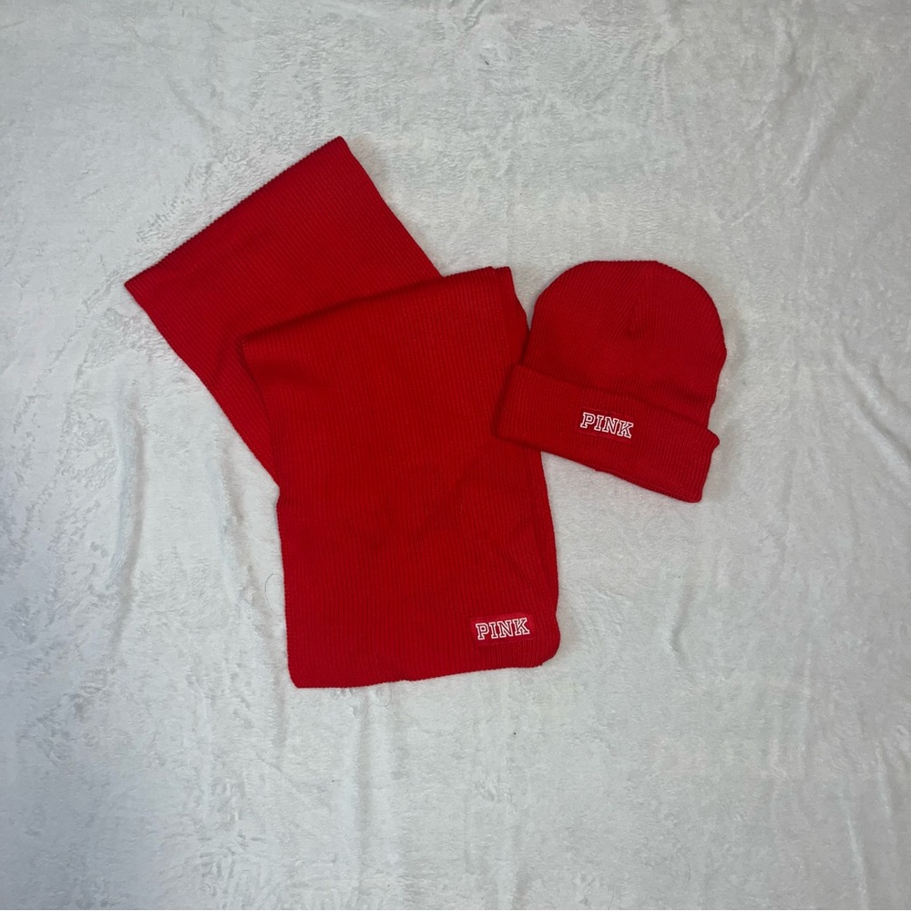 SOLD! Red 2 Pc VS PINK Scarf and Beanie Set